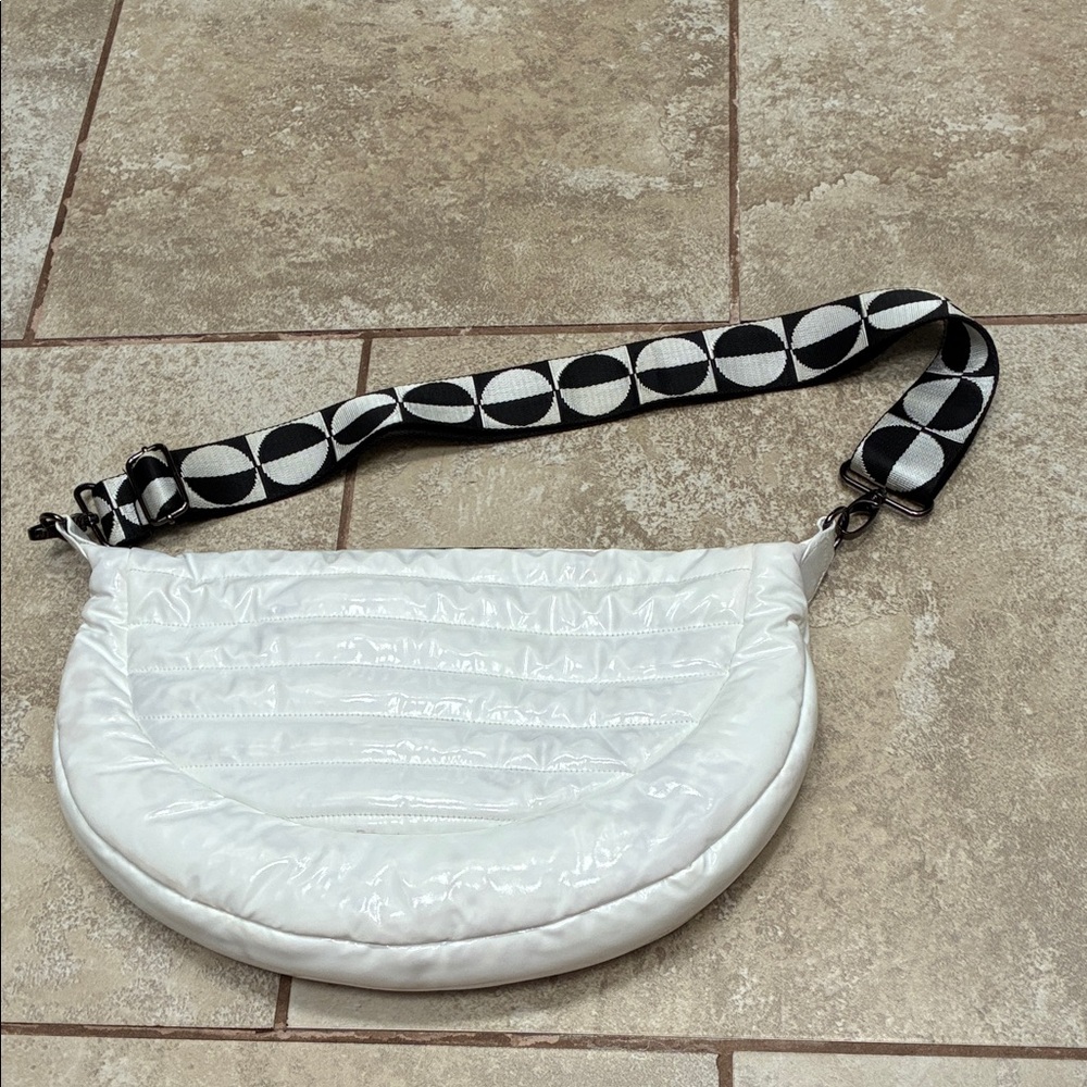 THINK ROYLN White Quilted Half-Moon Crossbody with Black & White Graphic Strap